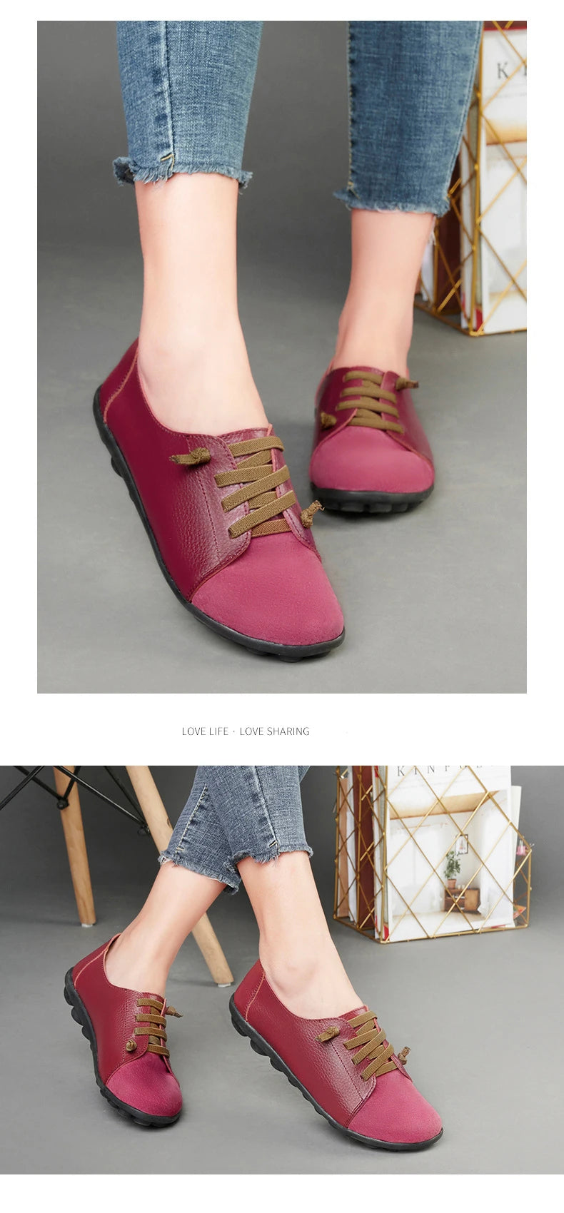 Women's Genuine Leather Mother Ladies Shoes Flats Loafers Ballerina Lace Up Soft Moccasins Plus Size 43 44 MX-052