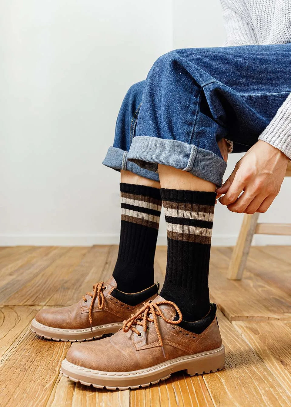 5 Pairs Winter Men's Cotton Tube Socks Harajuku Retro Thick Warm Striped Plus Size Long Terry Socks