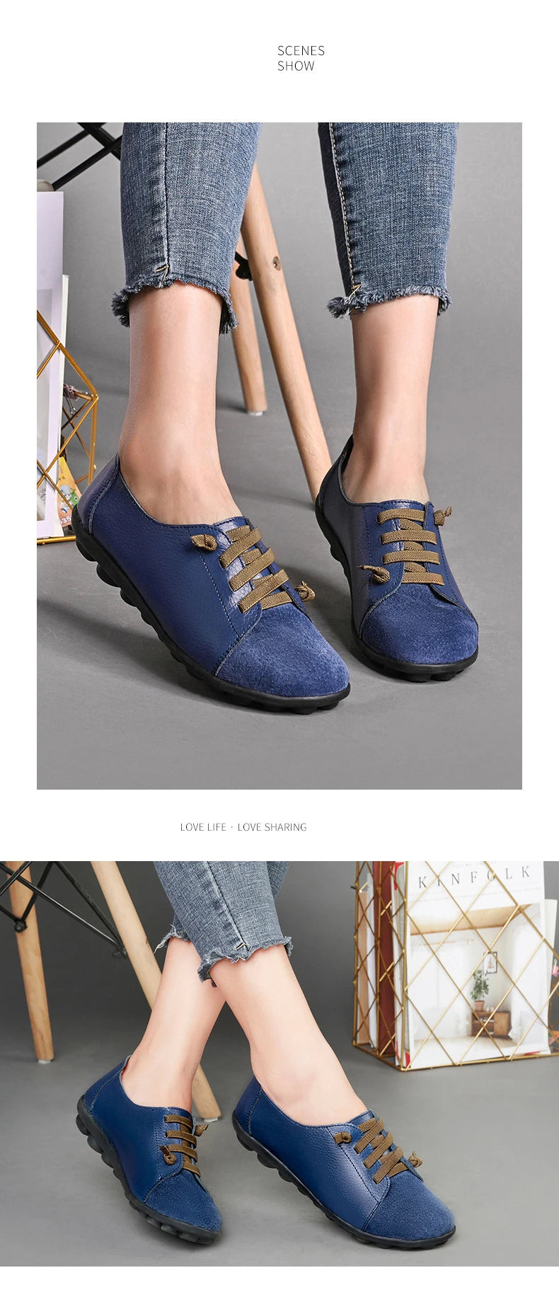 Women's Genuine Leather Mother Ladies Shoes Flats Loafers Ballerina Lace Up Soft Moccasins Plus Size 43 44 MX-052