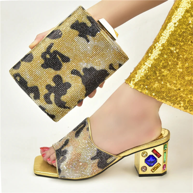 Women's Italian Luxury Shoes with Bag Set Decorated with Rhinestone Open Toe Pumps for party