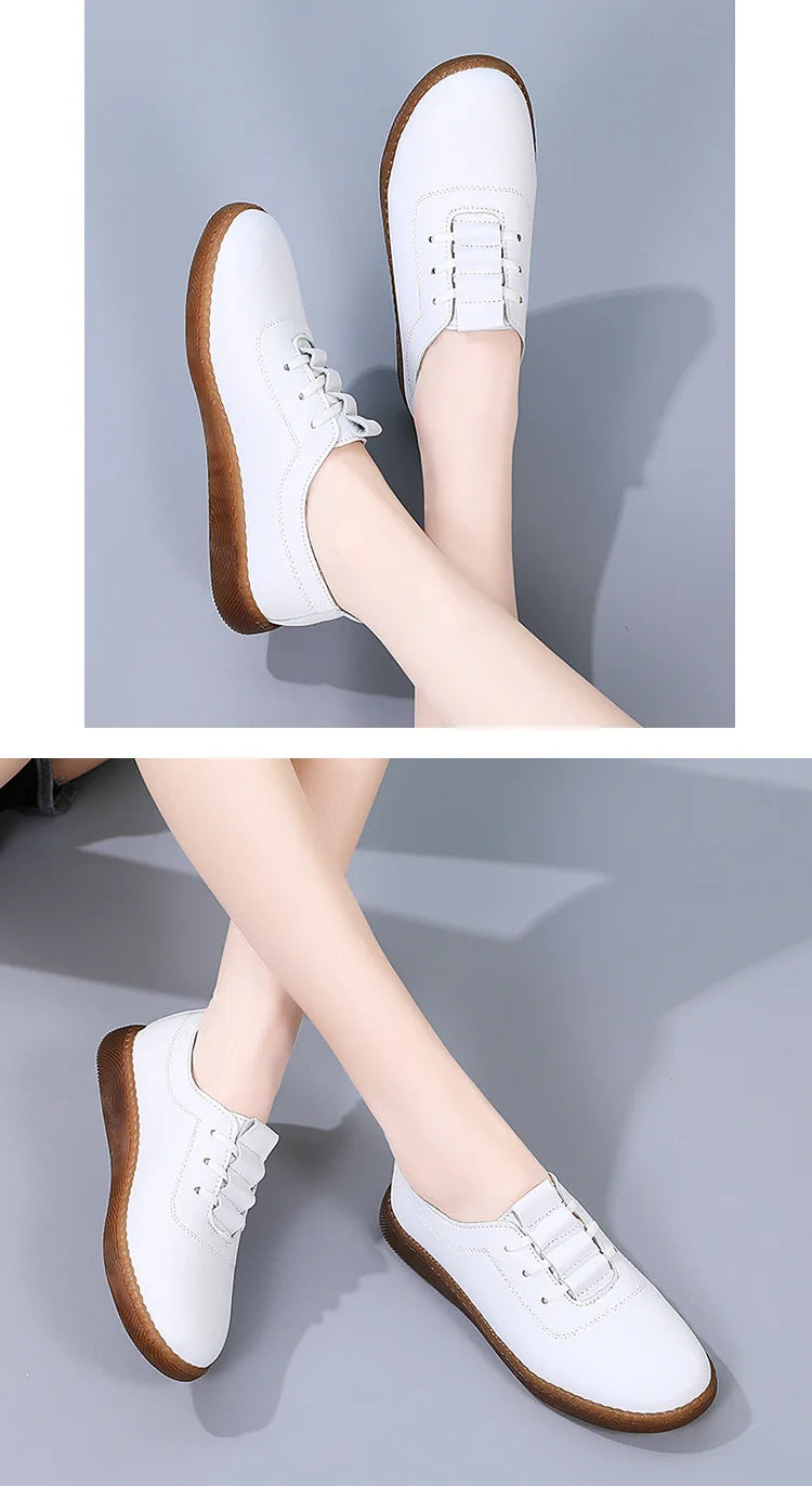 Women Ladies Mother Female Genuine Leather Flats Loafers White Shoes Soft Non Slip Vulcanized Shoes Size 35-41