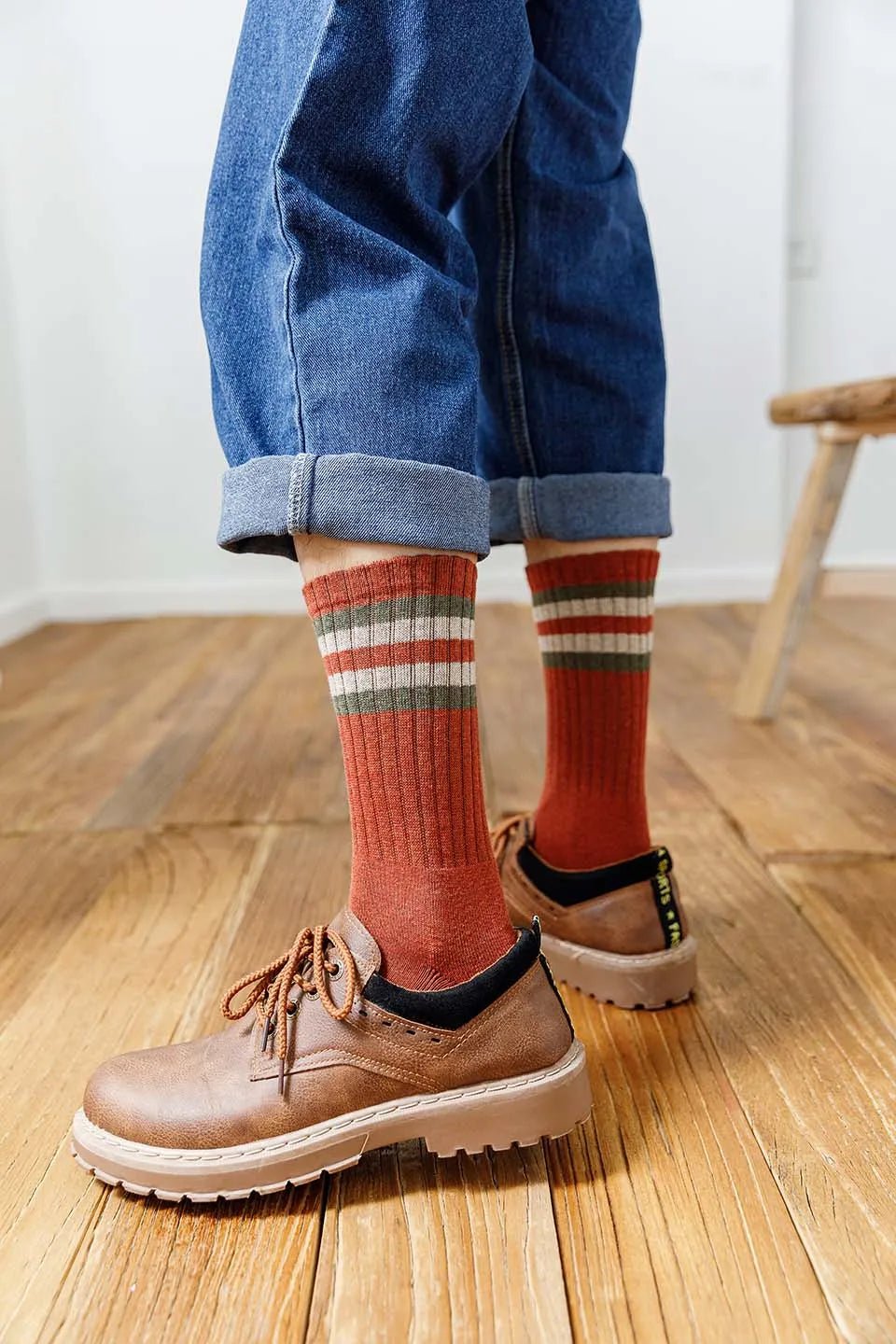 5 Pairs Winter Men's Cotton Tube Socks Harajuku Retro Thick Warm Striped Plus Size Long Terry Socks