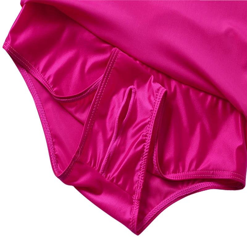 Shiny Satin Glossy Women's High Waist Stretch Workout Fitness Volleyball Shorts Running Double Layer Open Crotch Sports swimwear