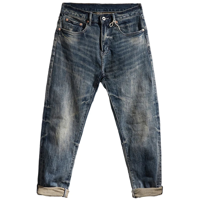 353# Herfst en winter Nieuwe Japanse retro zwaargewicht tooling jeans Herenmode Gewassen oude rechte losse elastische casual broek
