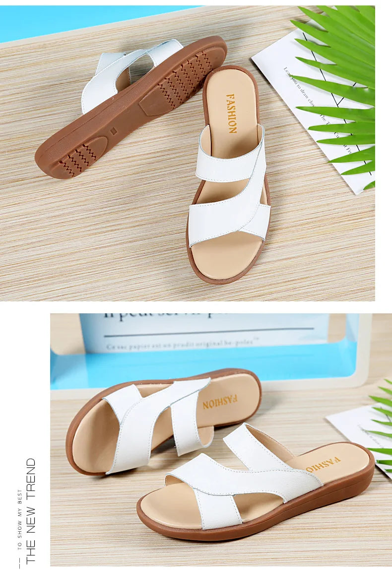 Women Old Mother Female Ladies Shoes Sandals Cow Genuine Leather Slip On Summer Beach Casual Size 35-40 YL-1802