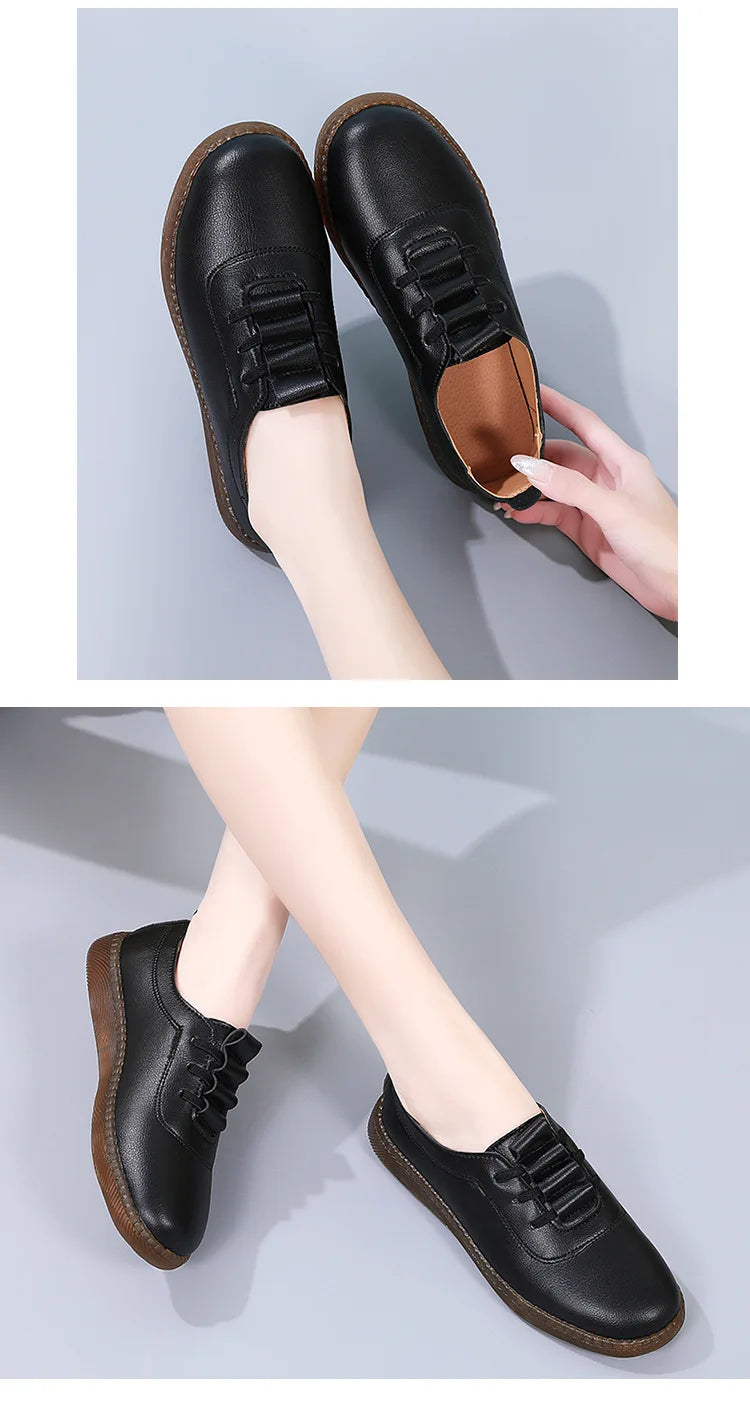 Women Ladies Mother Female Genuine Leather Flats Loafers White Shoes Soft Non Slip Vulcanized Shoes Size 35-41