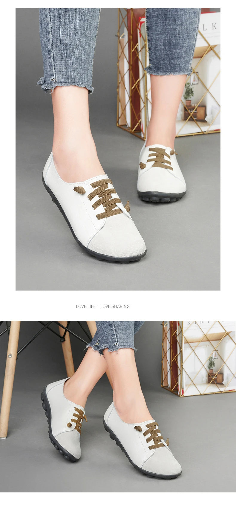 Women's Genuine Leather Mother Ladies Shoes Flats Loafers Ballerina Lace Up Soft Moccasins Plus Size 43 44 MX-052