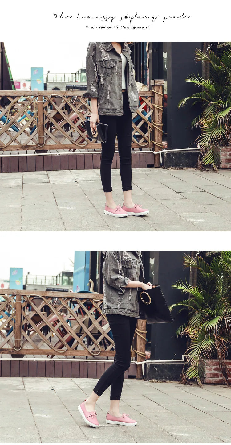 Women Students Girl Female Genuine Leather White Shoes Flats Platform Lace Up Korean Casual Vulcanized Shoes FEZ-173