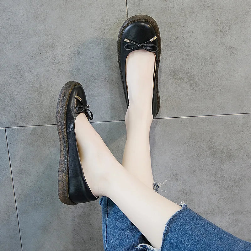 Women's Ladies Female Mother White Genuine Leather Shoes Flats Non Slip On Casual Bow Plus Size 43 42 JZ-19111