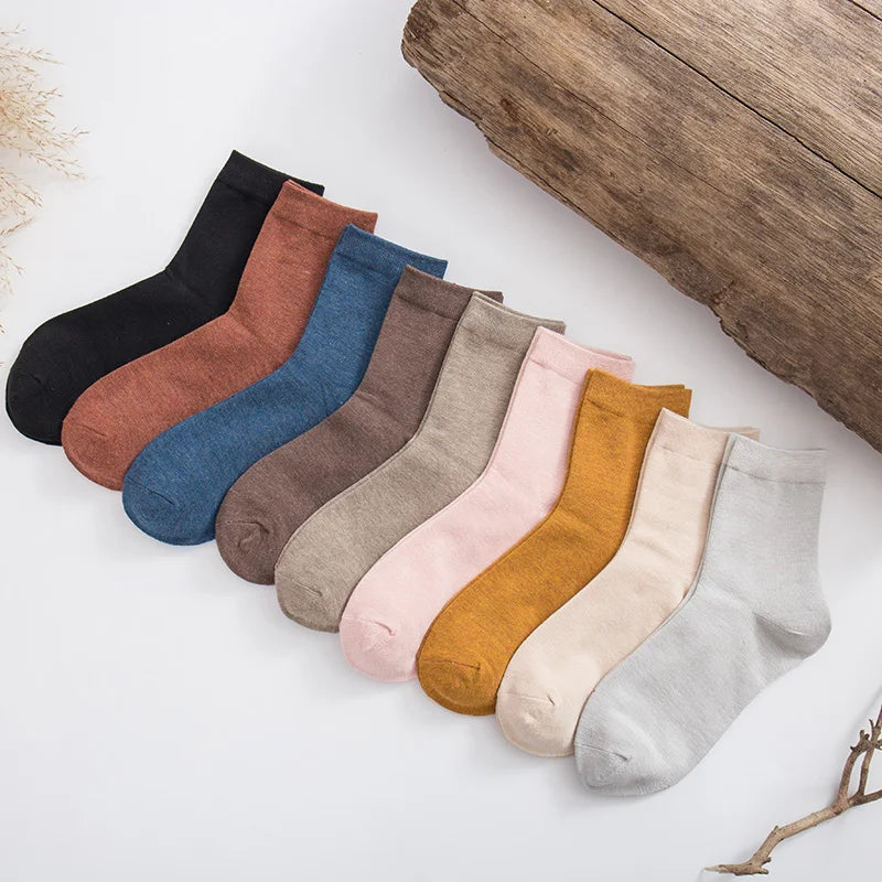 10 Pairs Women's Solid Colour Bamboo Fibre Socks Korean Casual Fashion Breathable Harajuku Female Socks