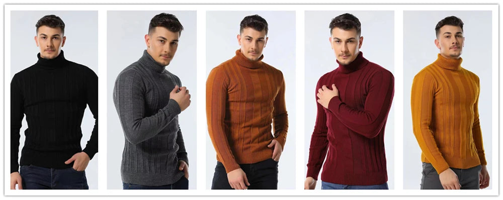Men's Slim Fit Pullovers Turtleneck Casual Basic Solid Colour Warm Striped Sweater Male Winter Fashion Sweaters