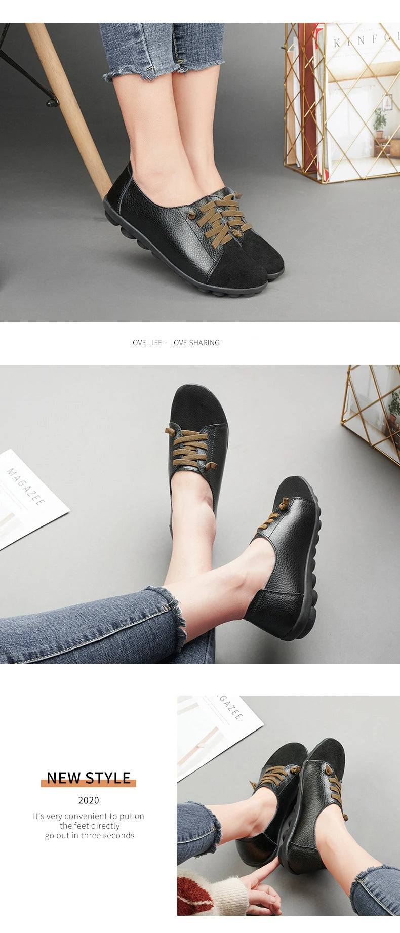 Women's Genuine Leather Mother Ladies Shoes Flats Loafers Ballerina Lace Up Soft Moccasins Plus Size 43 44 MX-052