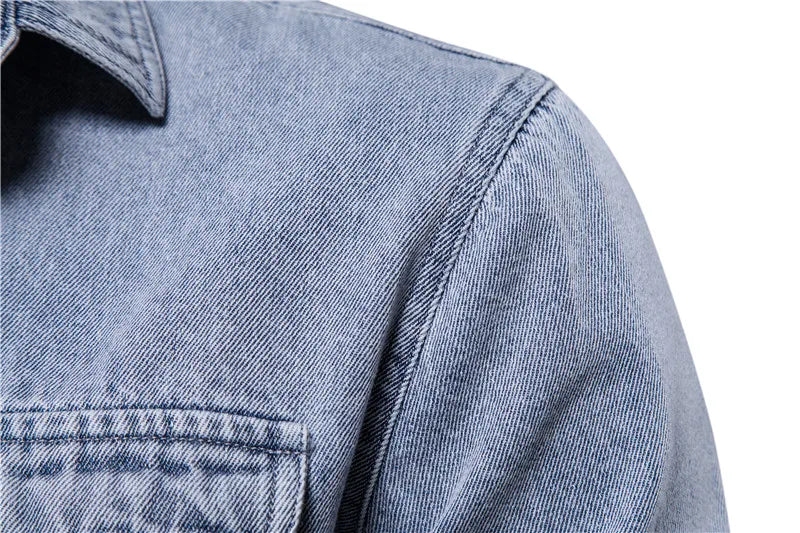 Men's 100% Cotton Denim Shirts Solid Colour Double Pocket Casual Long Sleeve Shirts Autumn Thickened Shirts For Men