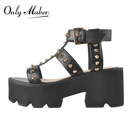 Women Summer Chunky Heel Platform Sandals Ankle Buckle Metal Rivet Matte Black Soft PU Leather Large Size Sandals