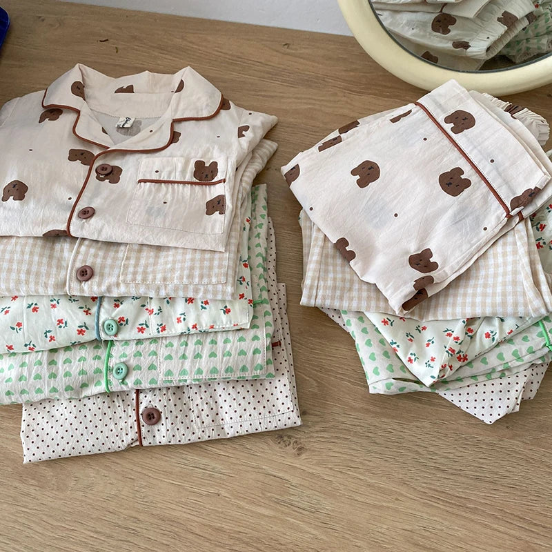 Summer Kids Pajamas Korean Print Suit for Boys and Girls Casual Cotton Sleepwear For Children 2-6T Unisex