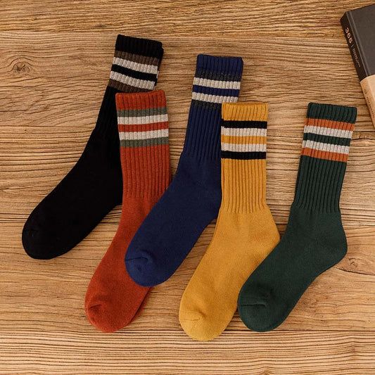 5 Paar Winter-Baumwoll-Schlauchsocken für Herren im Harajuku-Stil, Retro, dick, warm, gestreift, Übergröße, lange Frotteesocken