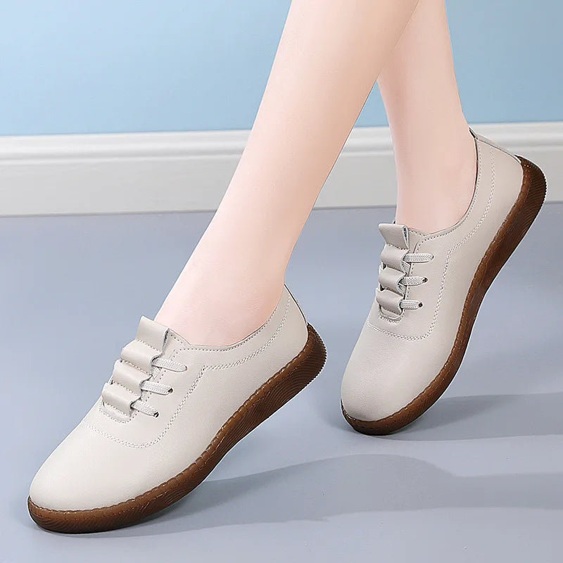 Women Ladies Mother Female Genuine Leather Flats Loafers White Shoes Soft Non Slip Vulcanized Shoes Size 35-41