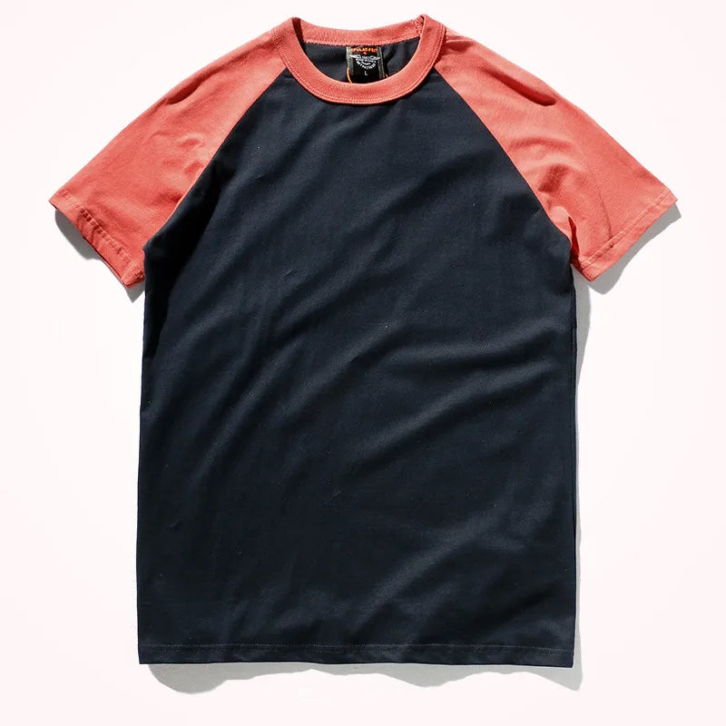 2023 Zomer Nieuw Raglanmouwen Tweekleurig Gestikt T-shirt Herenmode Korte mouwen Ronde hals 100% Katoen Casual Bottoming Top