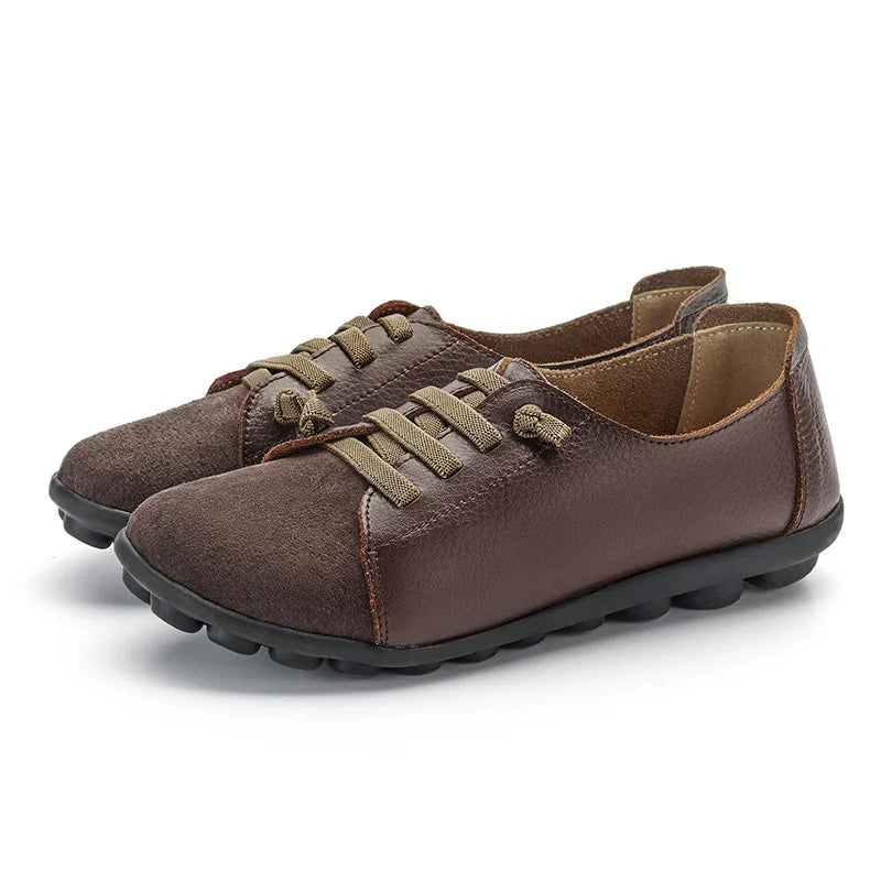 Women's Genuine Leather Mother Ladies Shoes Flats Loafers Ballerina Lace Up Soft Moccasins Plus Size 43 44 MX-052