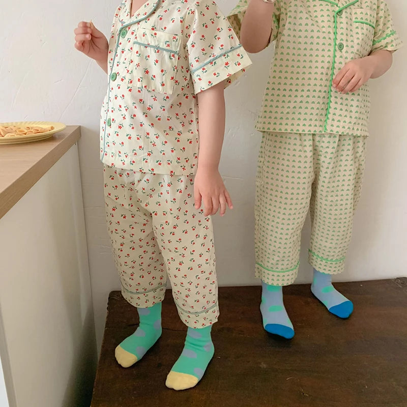 Summer Kids Pajamas Korean Print Suit for Boys and Girls Casual Cotton Sleepwear For Children 2-6T Unisex