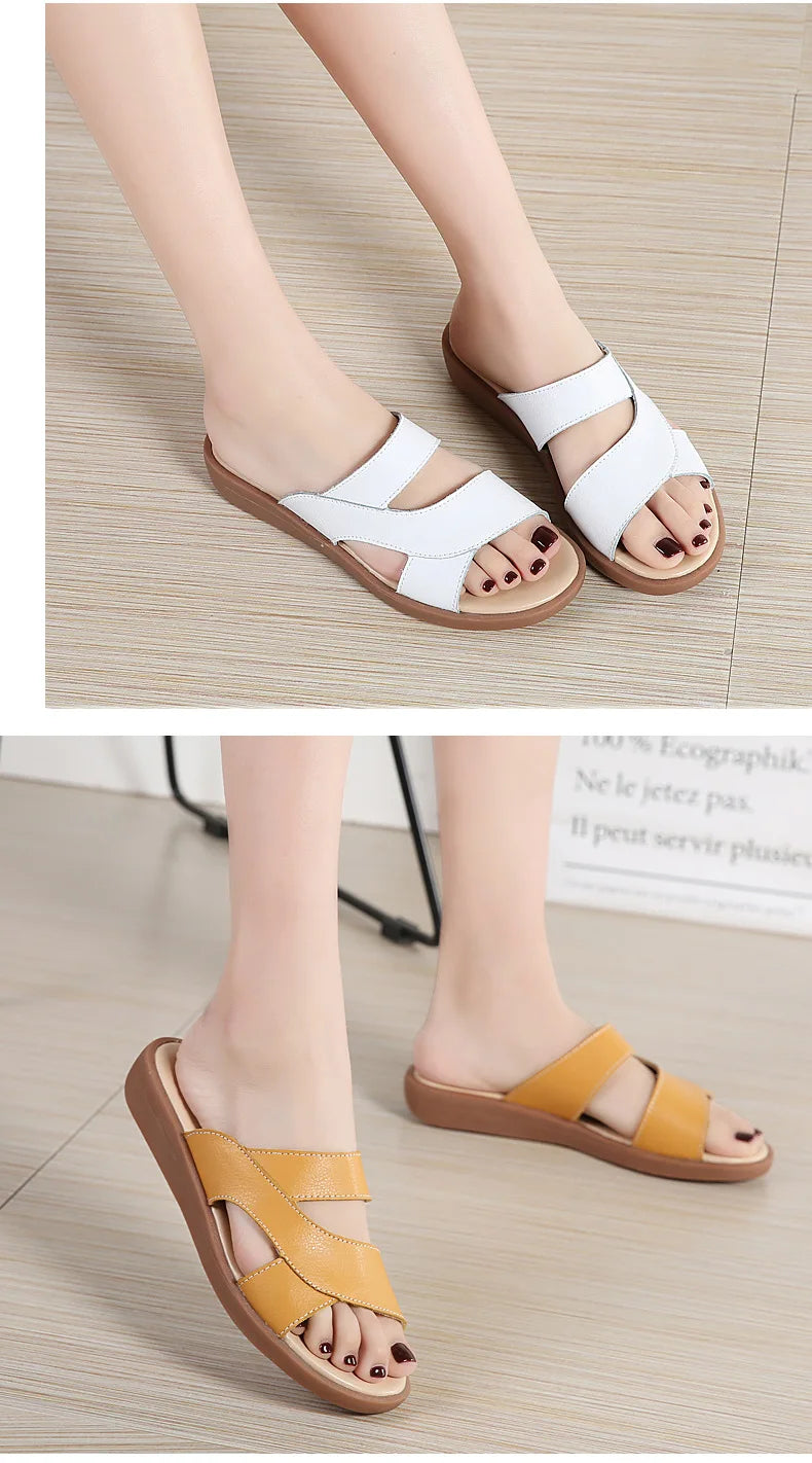 Women Old Mother Female Ladies Shoes Sandals Cow Genuine Leather Slip On Summer Beach Casual Size 35-40 YL-1802