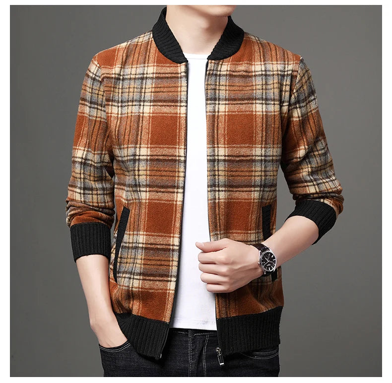 Men's Top Quality Woollen Thick Velvet Plaid Casual Baseball Collar Jacket, Korean Windbreaker Male Coats
