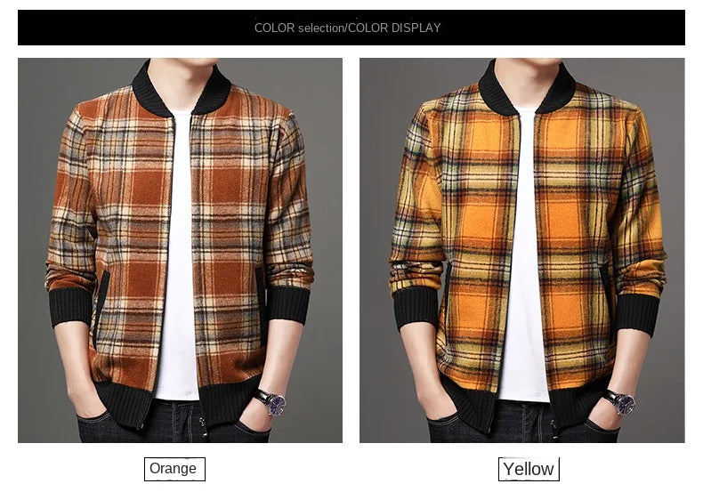 Men's Top Quality Woollen Thick Velvet Plaid Casual Baseball Collar Jacket, Korean Windbreaker Male Coats
