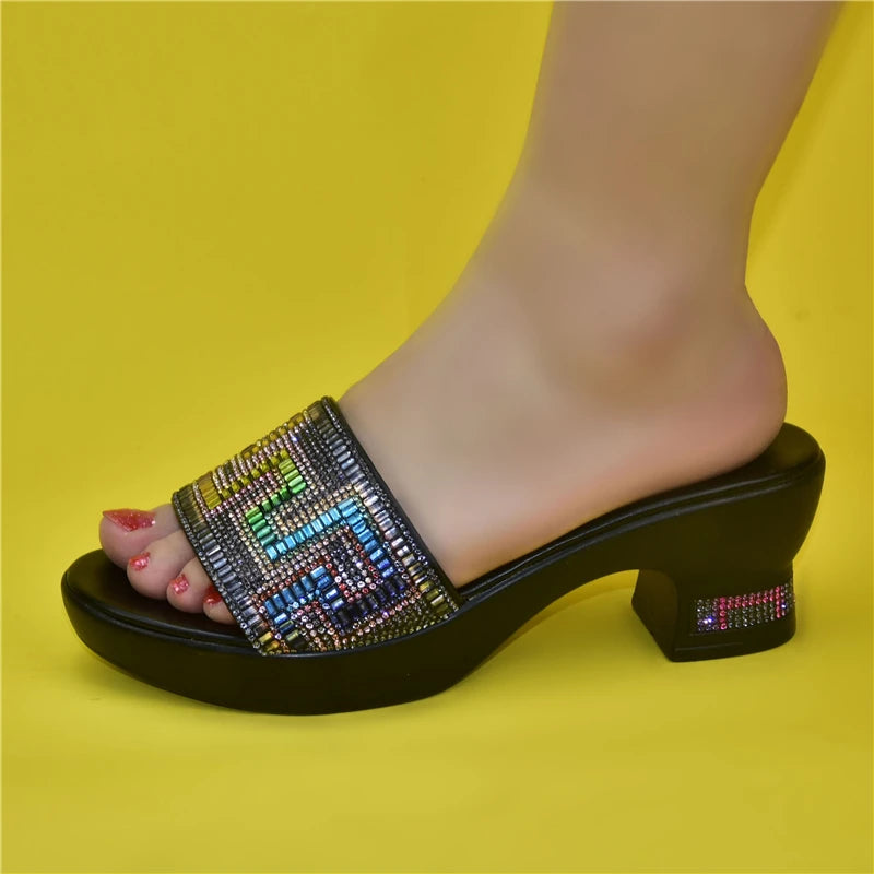 African Luxury Women Wedding Shoes Decorated with Rhinestone Open Toe Shoes Slip-On Italian Ladies Shoes