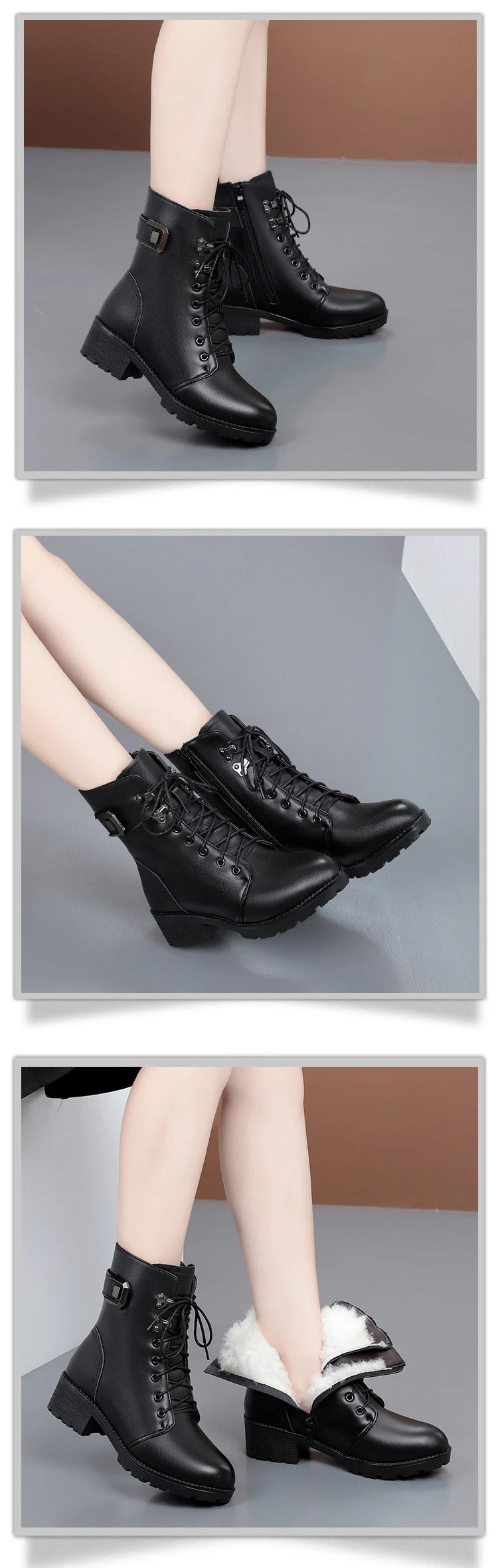 Female Ladies Women Genuine Leather Ankle Boots Platform Winter Autumn Plush Fur Warm Shoes Plus Size Lace Up 35-43