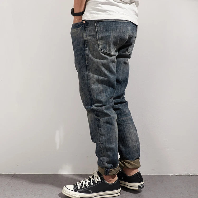 353# Autumn and Winter New Japanese Retro Heavyweight Tooling Jeans Men's Fashion Washed Old Straight Loose Elastic Casual Pants