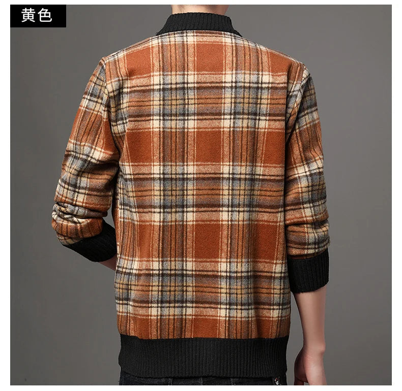 Men's Top Quality Woollen Thick Velvet Plaid Casual Baseball Collar Jacket, Korean Windbreaker Male Coats