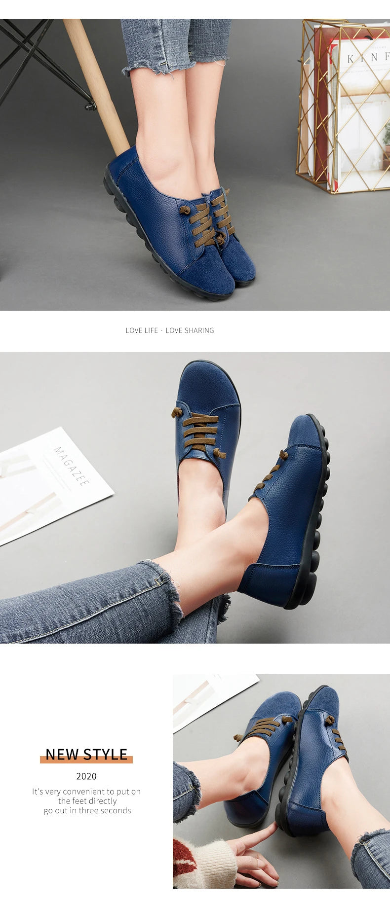 Women's Genuine Leather Mother Ladies Shoes Flats Loafers Ballerina Lace Up Soft Moccasins Plus Size 43 44 MX-052