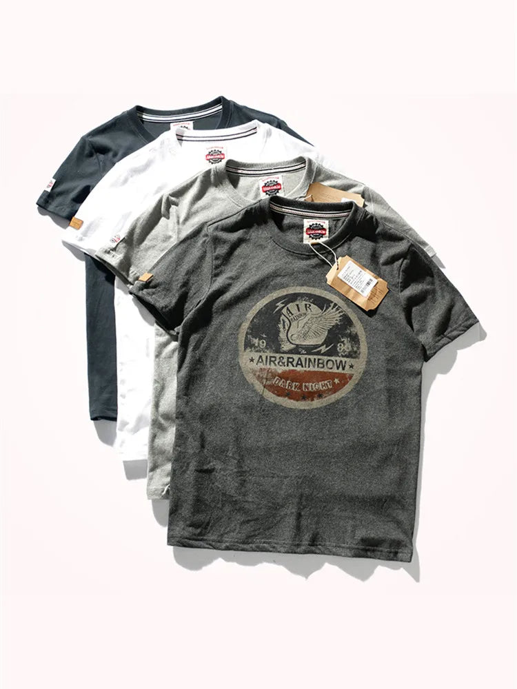 Zomer Nieuw Korte Mouw O-hals Bedrukt T-shirt Herenmode 100% Katoen Gewassen Oude Losse Geborstelde Stof Grote Maten Casual Tops