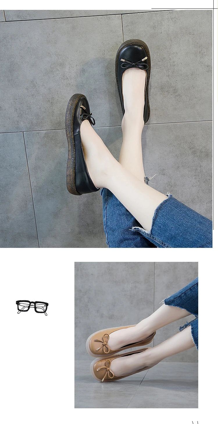 Women's Ladies Female Mother White Genuine Leather Shoes Flats Non Slip On Casual Bow Plus Size 43 42 JZ-19111
