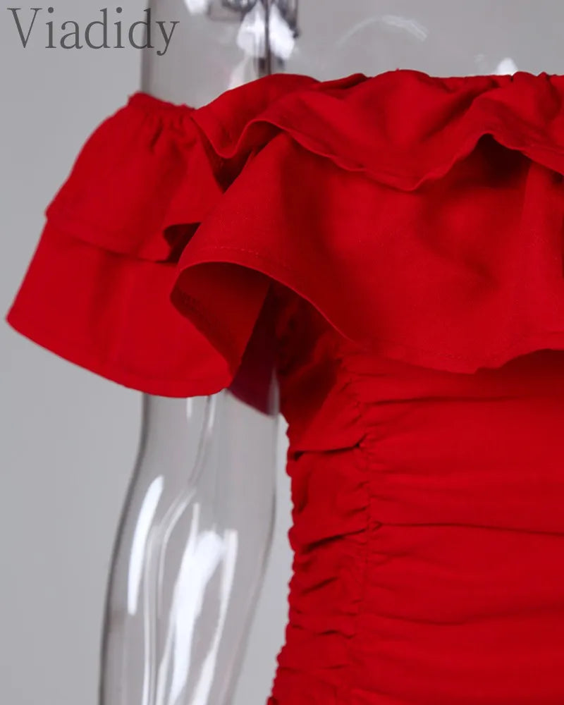 Women Slash Neck Floral Print Off Shoulder Ruffles Ruched Skinny Dress