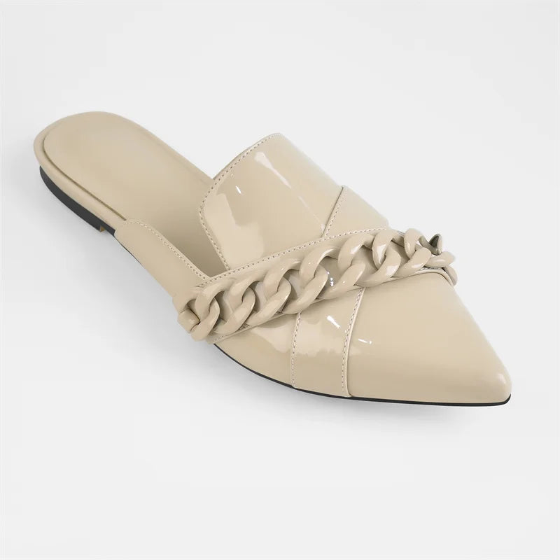 Women Slip-On Sandals Pointed Toe Chain Decoration Patent Leather Khaki Shoes For Woman Daily Concise Summer Flats