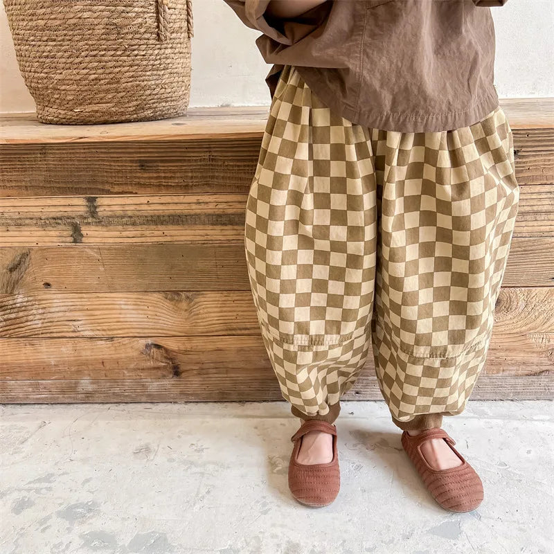 Autumn New Kids Clothes Cotton Plaid Harem Pants Boys And Girls Casual Pants For Children 12M-6T Unisex