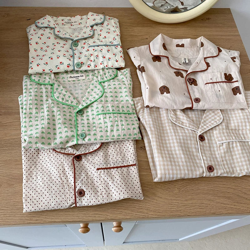 Summer Kids Pajamas Korean Print Suit for Boys and Girls Casual Cotton Sleepwear For Children 2-6T Unisex