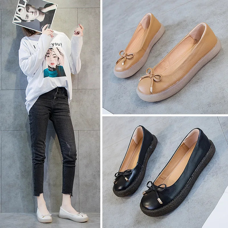 Women's Ladies Female Mother White Genuine Leather Shoes Flats Non Slip On Casual Bow Plus Size 43 42 JZ-19111