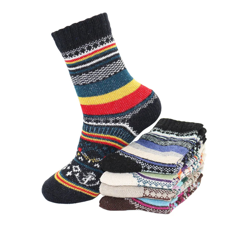 5 Pairs Winter Men's Wool Socks Harajuku Retro Warm Thick Comfortable Knitted Casual Striped Socks
