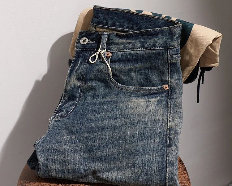 353# Autumn and Winter New Japanese Retro Heavyweight Tooling Jeans Men's Fashion Washed Old Straight Loose Elastic Casual Pants