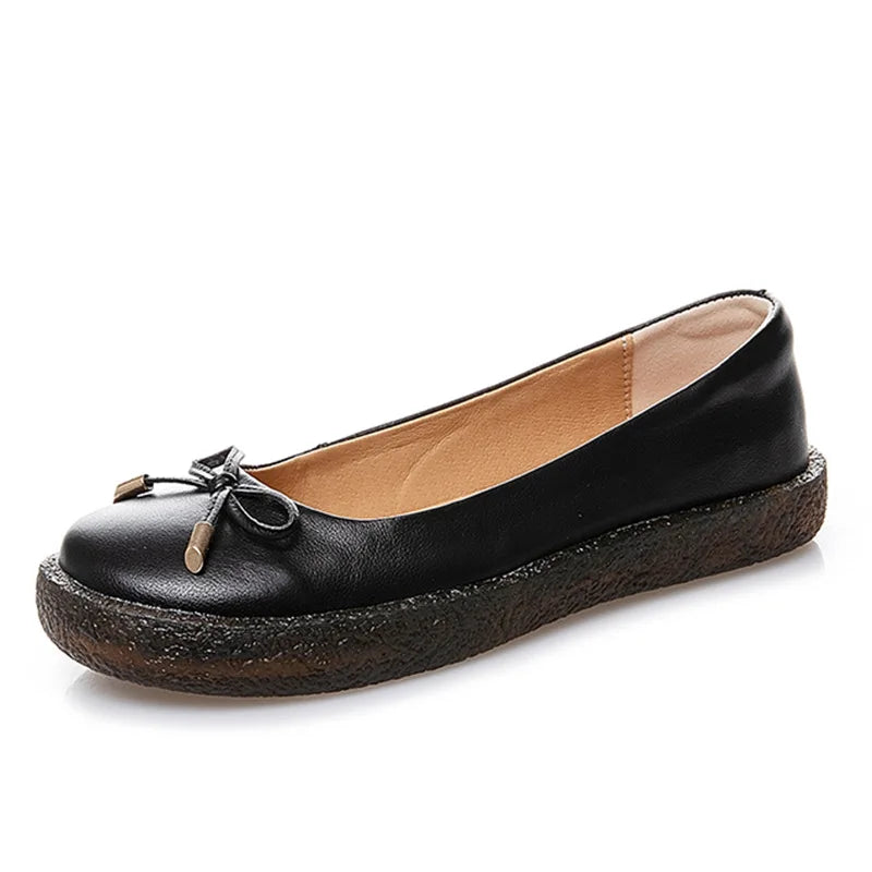 Women's Ladies Female Mother White Genuine Leather Shoes Flats Non Slip On Casual Bow Plus Size 43 42 JZ-19111