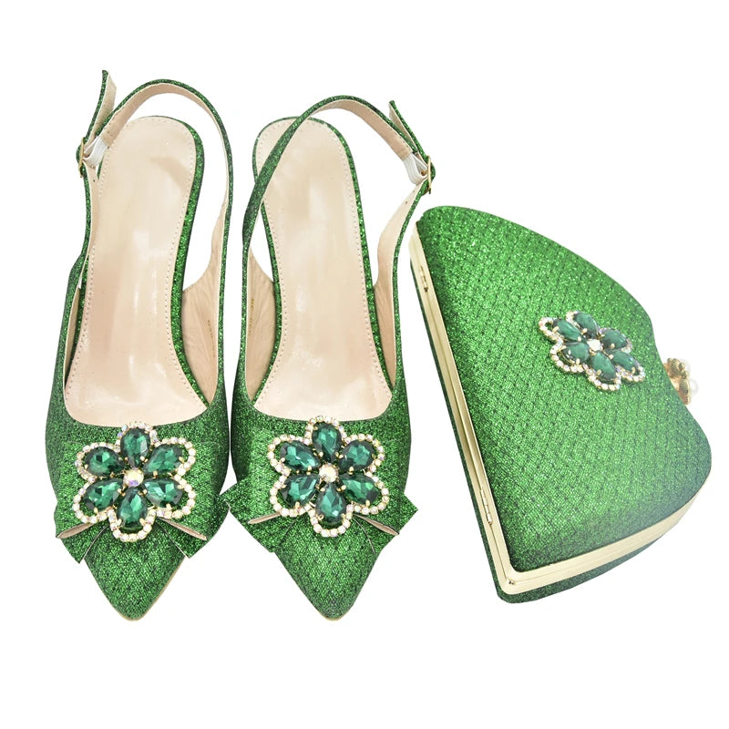 African Shoes and Bags Matching Set Decorated with Rhinestone Nigerian Shoes and Matching Bag