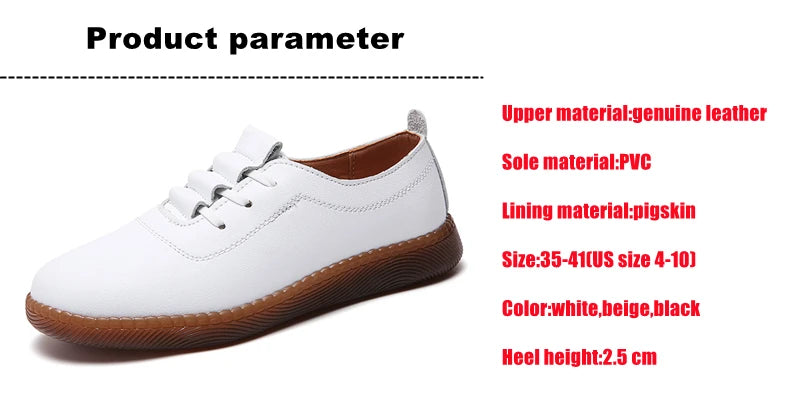 Women Ladies Mother Female Genuine Leather Flats Loafers White Shoes Soft Non Slip Vulcanized Shoes Size 35-41