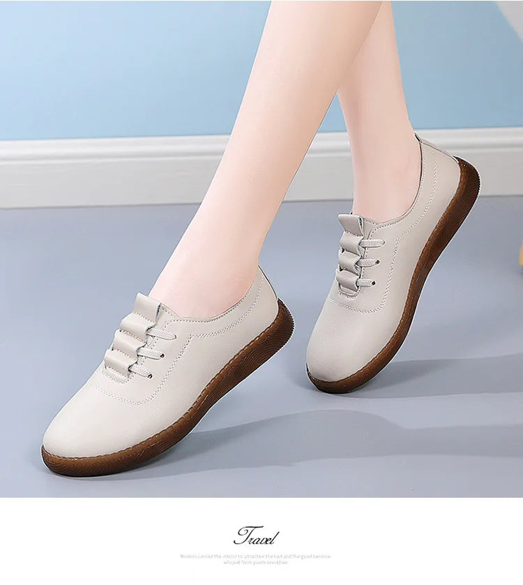 Women Ladies Mother Female Genuine Leather Flats Loafers White Shoes Soft Non Slip Vulcanized Shoes Size 35-41