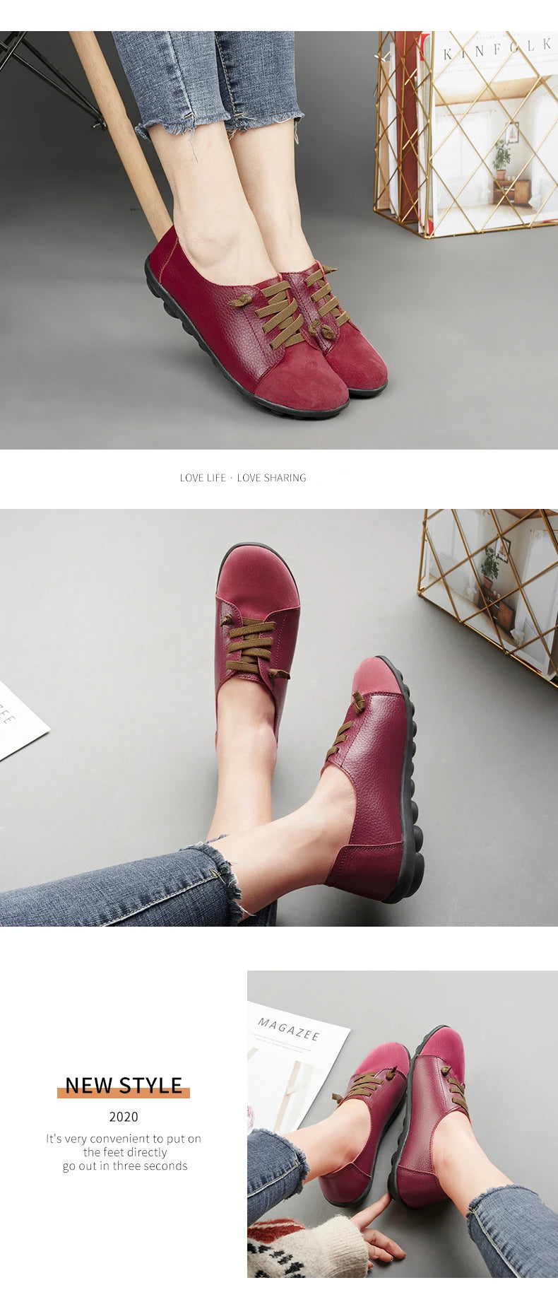 Women's Genuine Leather Mother Ladies Shoes Flats Loafers Ballerina Lace Up Soft Moccasins Plus Size 43 44 MX-052