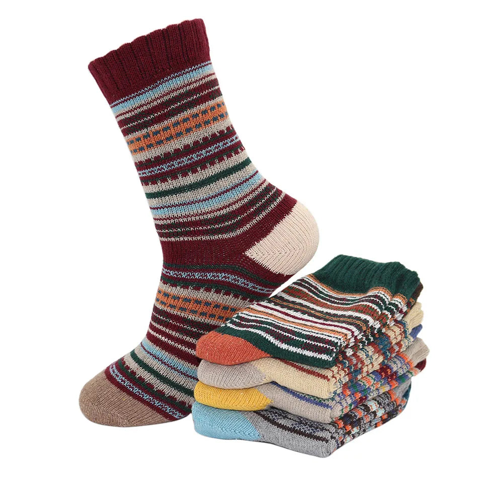 5 Pairs Winter Men's Wool Socks Harajuku Retro Warm Thick Comfortable Knitted Casual Striped Socks