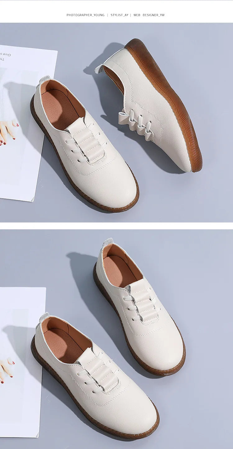 Women Ladies Mother Female Genuine Leather Flats Loafers White Shoes Soft Non Slip Vulcanized Shoes Size 35-41