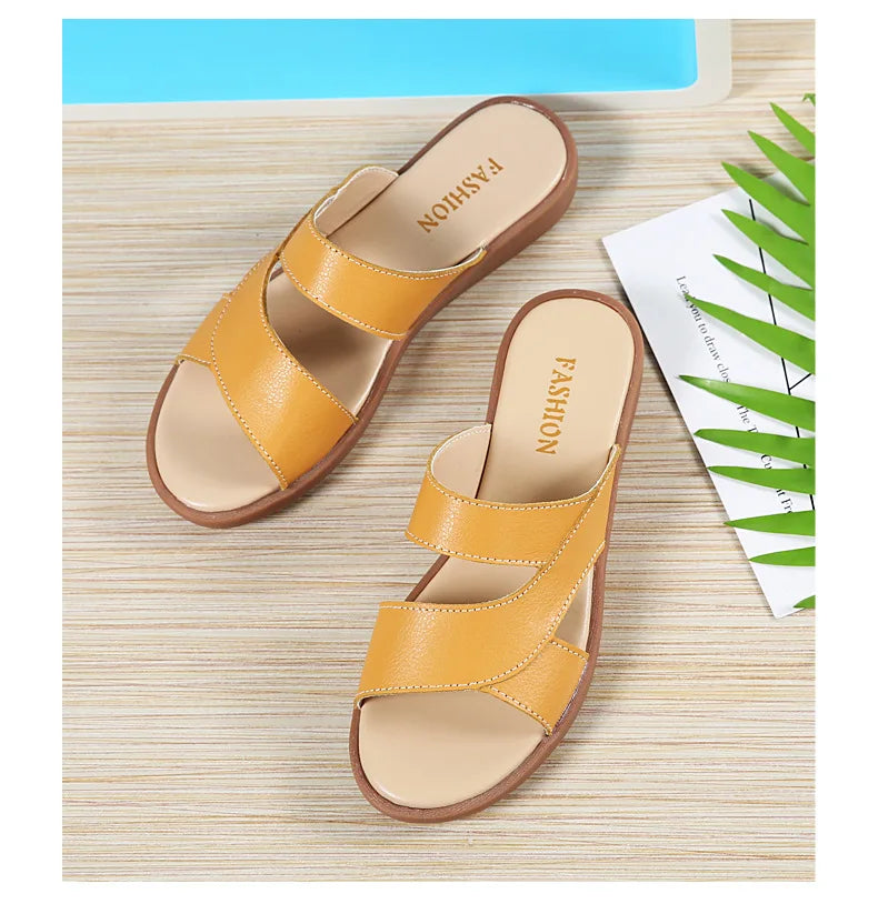 Women Old Mother Female Ladies Shoes Sandals Cow Genuine Leather Slip On Summer Beach Casual Size 35-40 YL-1802