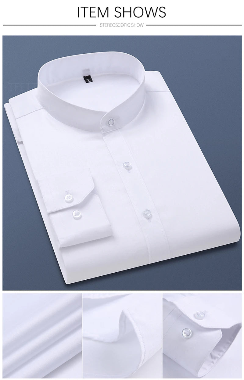 Autumn Long Sleeve Shirt Men's White Shirt Stand Collar Slim Fit Business Work Shirts for Men Plus Size 5XL
